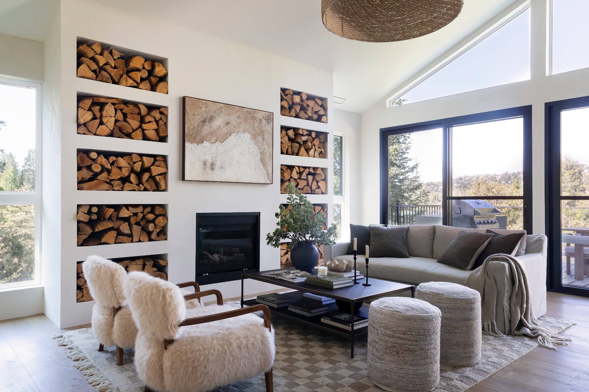 Great room with firewood walls